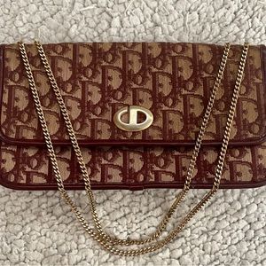 CHRISTIAN DIOR  Chain Shoulder Clutch Bag Canvas Leather Bordeaux Vintage